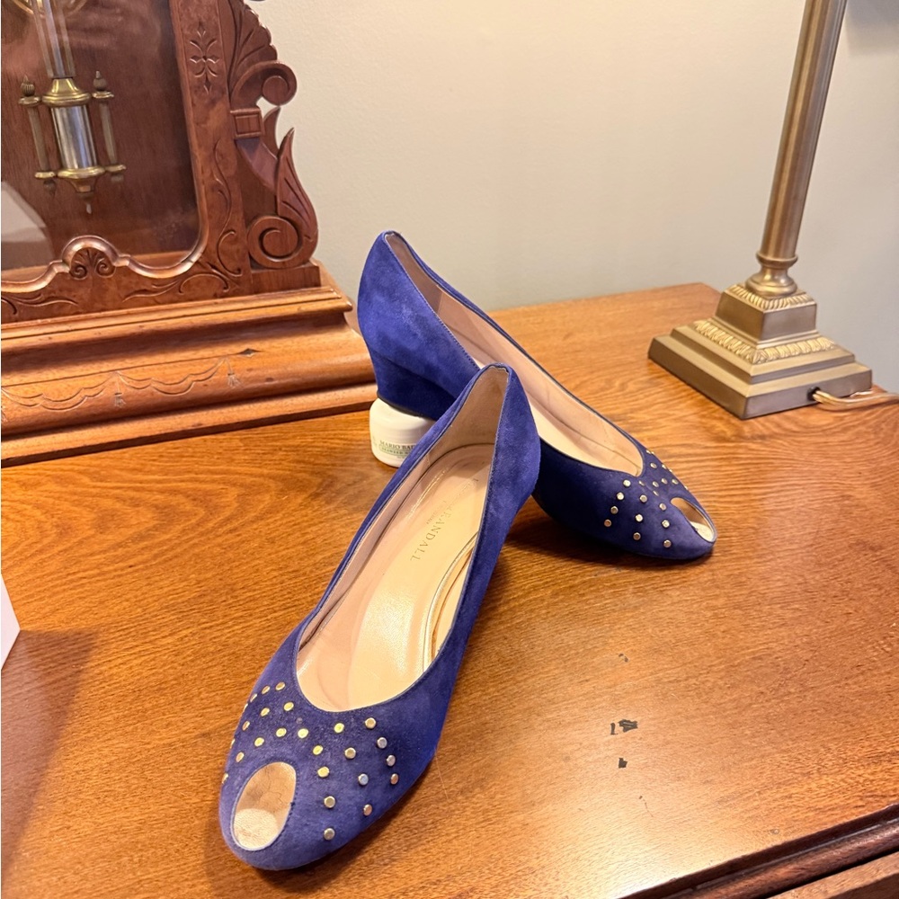 Loeffler Randall Blue Suede Leather Peep Toe 2” wedges w/ Gold Studs Size 9.5 - Picture 6 of 13